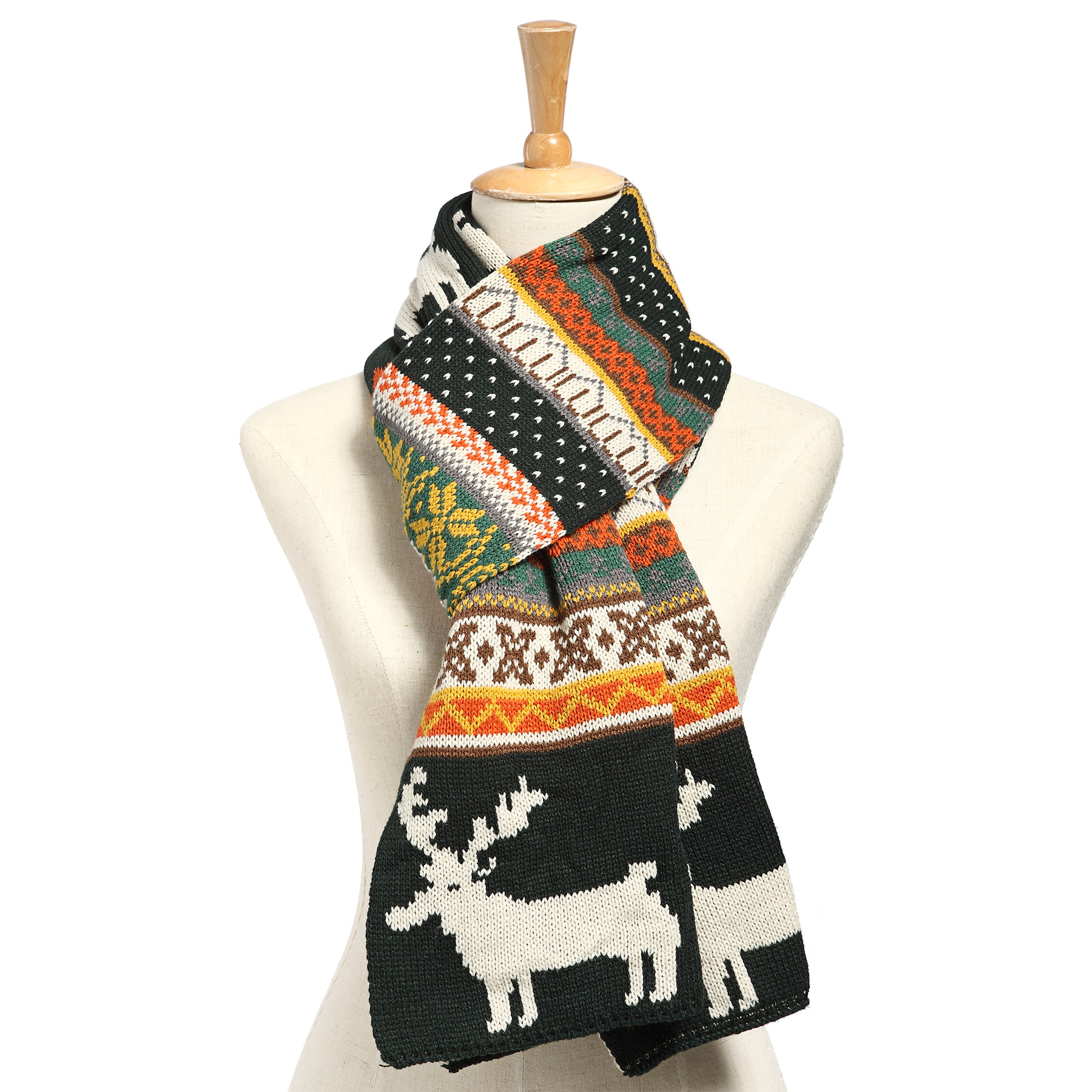 新款秋冬季雪花麋鹿心形提花围巾双面针织圣诞小鹿毛线围巾批发