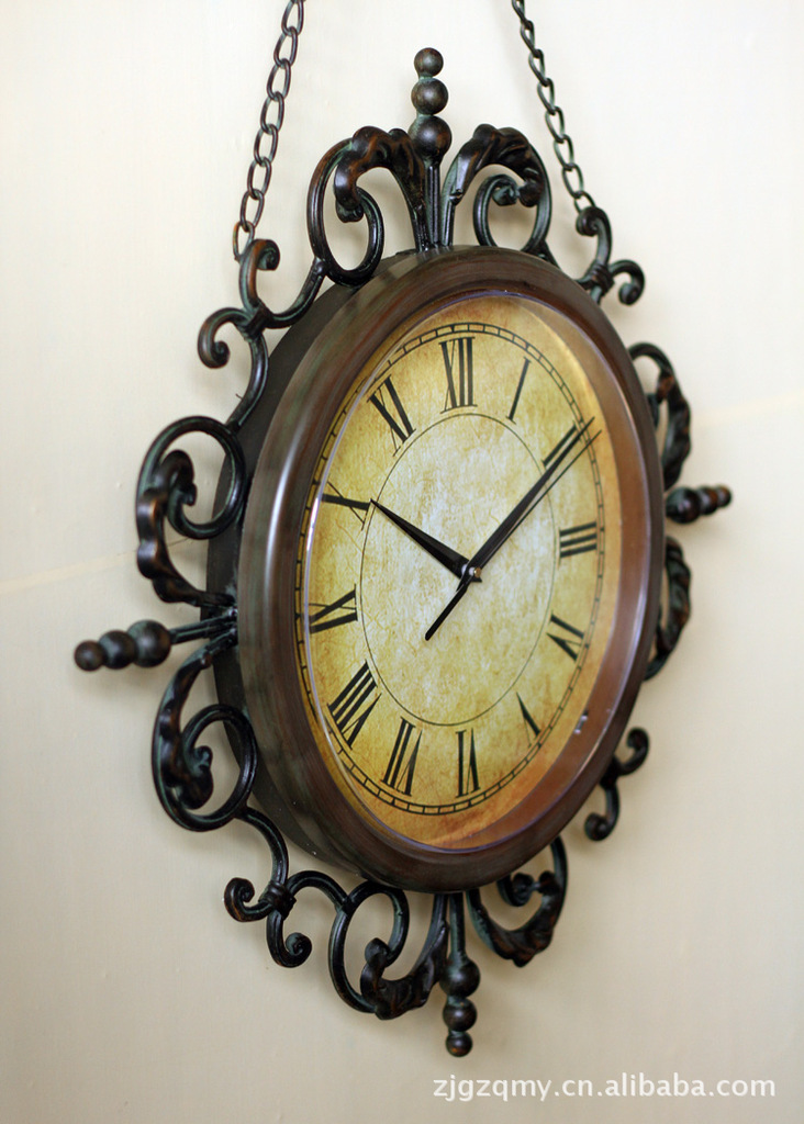 欧式复古金属铁艺大挂钟铁链吊钟 时尚创意家居钟表客厅装饰品