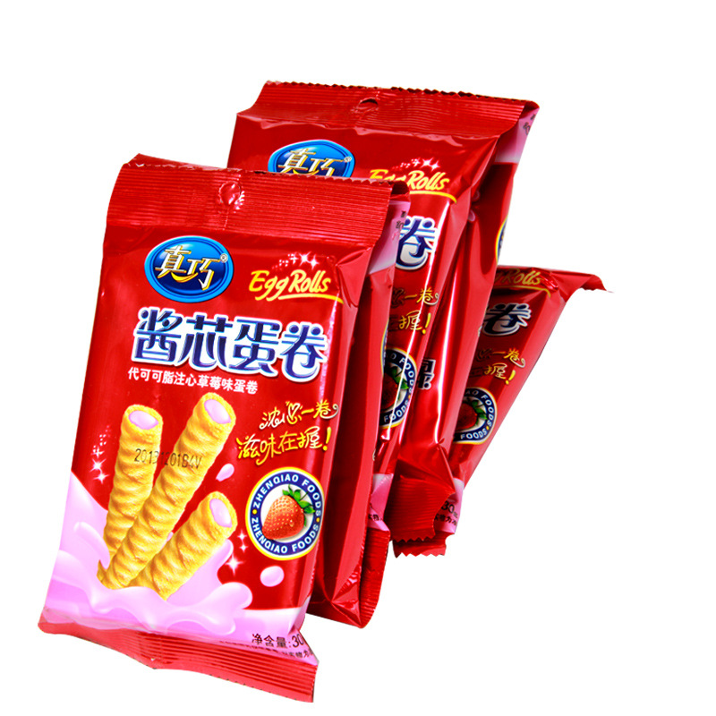 批发真巧巧克力味蛋卷饼干 酱心饼干儿童食品休闲酥脆蛋卷