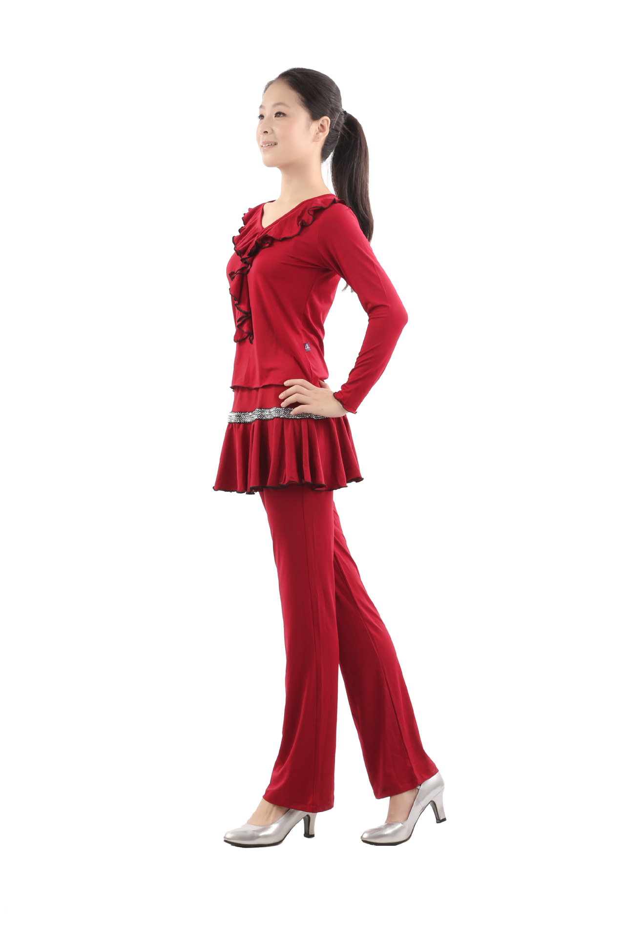 海丽舞蹈服 广场舞服装 新款秋冬广场舞服 时尚荷叶领裙裤 套装图片