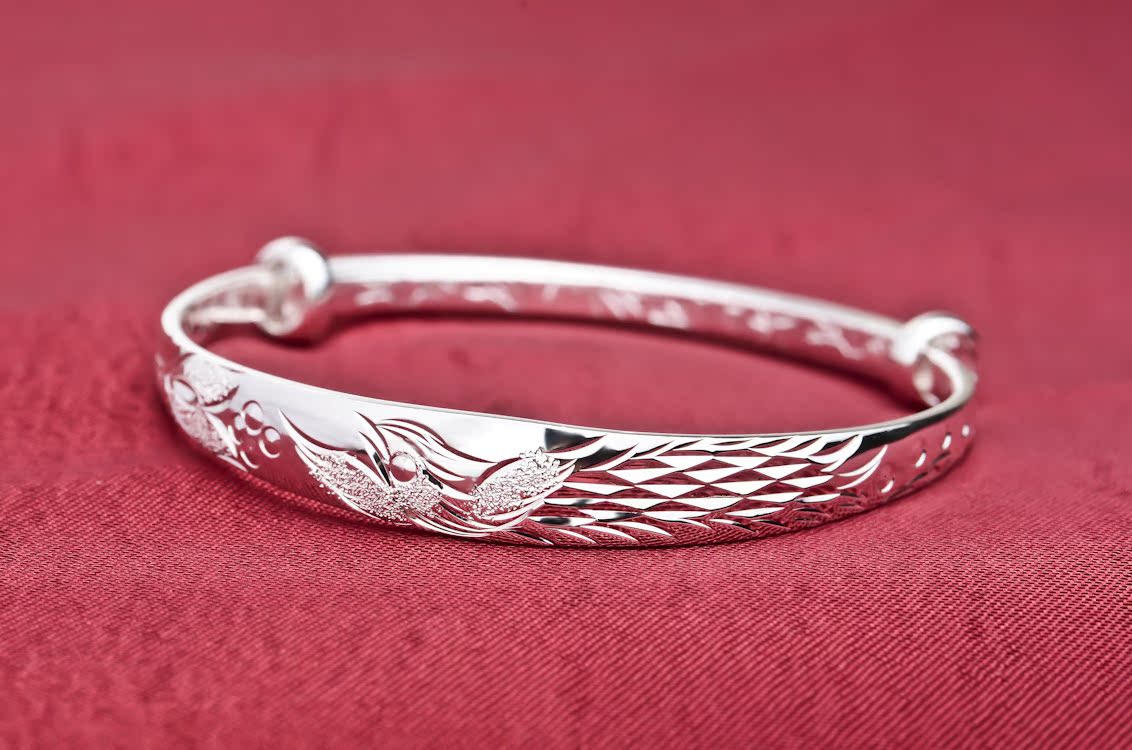 千足银手镯s990纯银女 吉祥凤凰报平安 银镯子手环 过节送妈妈