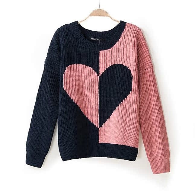 as0s高街时尚粉色黑色拼色桃心爱心型图案针织宽松加厚套头毛衣