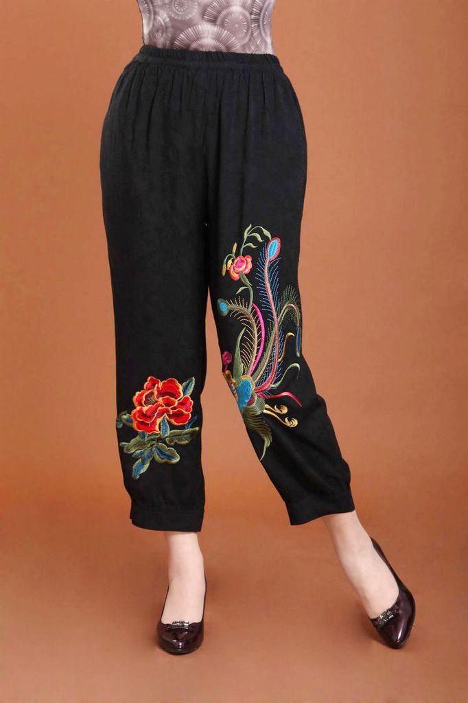 中老年裤子夏季新款女裤中年女装春秋装松紧裤绣花裤大2013年