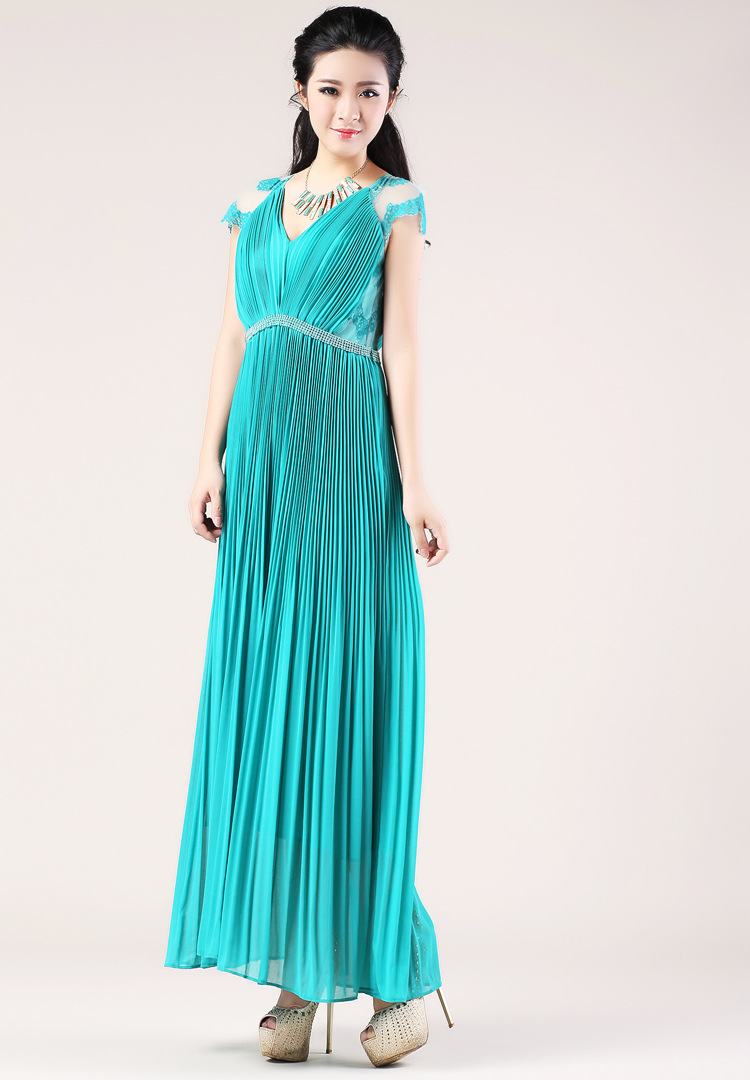 2013夏季新款 高贵飘逸雪纺乔其纱v领连衣裙 修身短袖长裙沙滩裙