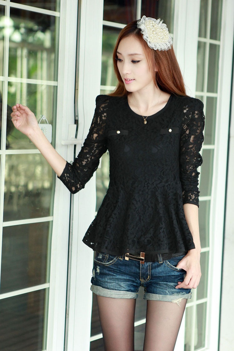 2013新款韩版圆领长袖雪纺衫蕾丝上衣打底衫复古纱衣小衫