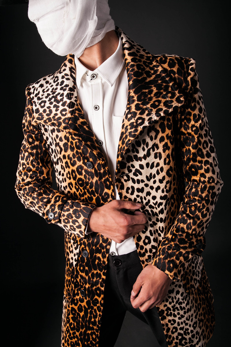 秋款男士长款豹纹绒风衣 发型师韩版男修身潮男免烫男士休闲外套图片