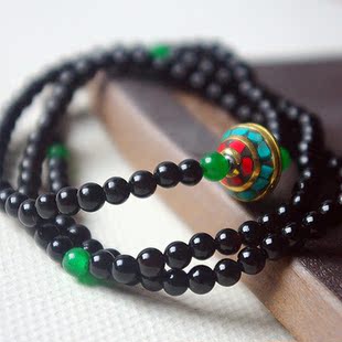 手链zakka手作巴西进口天然黑玛瑙绕3圈串珠手链尼泊尔铜珠s0144