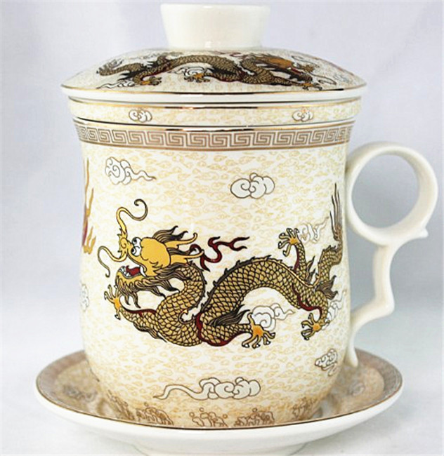 厂家批发定制贴龙陶瓷杯子 带龙杯子创意 广告礼品杯直销 四件套