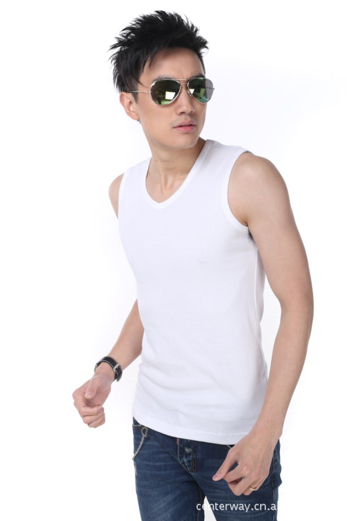 供应男式鸡心领无袖t恤 韩版潮流男士夏季纯色纯棉v领打底无袖衫