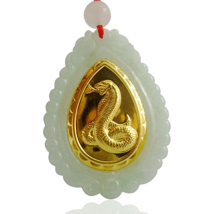 六星福金镶玉吊坠a货翡翠千足金生肖蛇吊坠