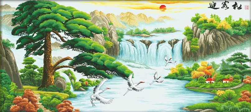 彩印5d砖石绣 钻石画 迎客松(鹤寿延年) 约2米 中东水晶圆钻 新品