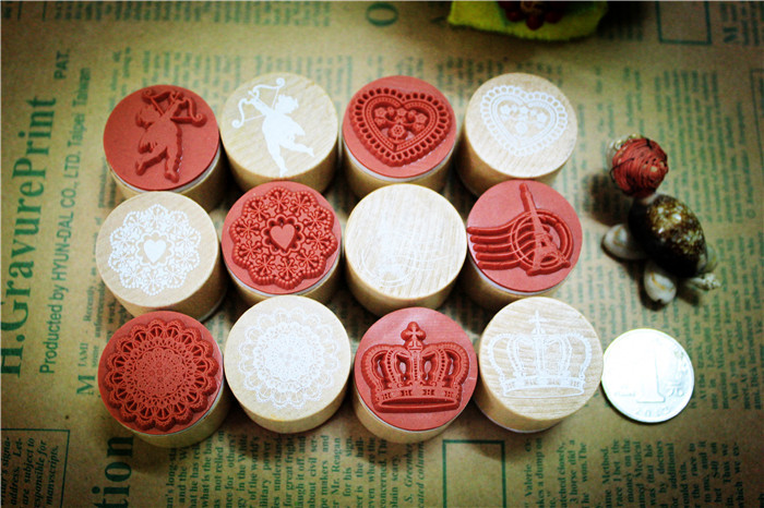 韩国文具圆形木质蕾丝花纹印章 个性diy创意印章