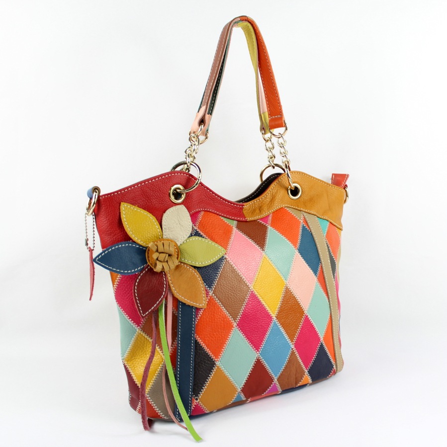 2014彩色羊皮拼接包 碎皮包 新款真皮女包 单肩包真皮女包特价