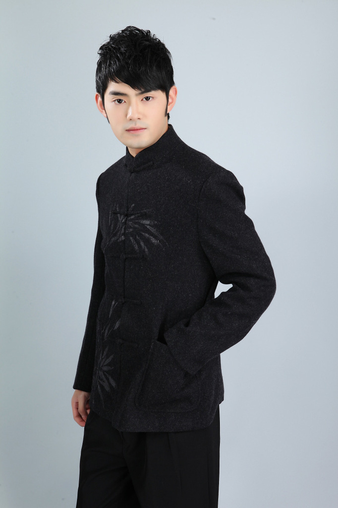 高档羊毛呢中式商务外套节节高升手绘竹叶2353秋冬男唐装外套