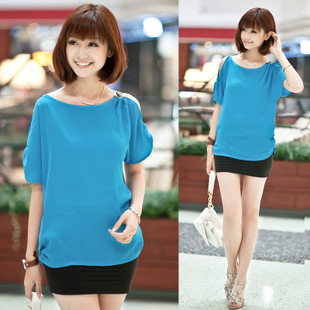 340601 实拍2013夏新款拼接褶皱修身淑女肩章短袖t恤 雪纺衫