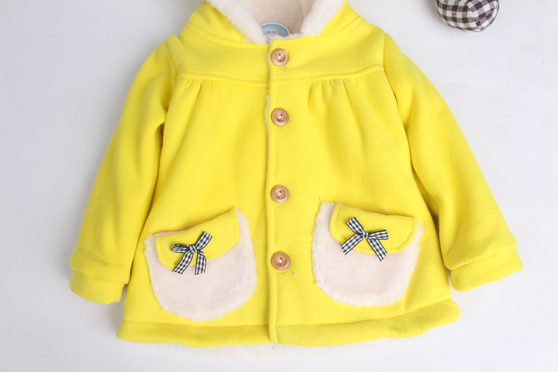 童棉衣韩版冬季新品连帽口袋蝴蝶结女童棉衣 加厚儿童棉外套童装