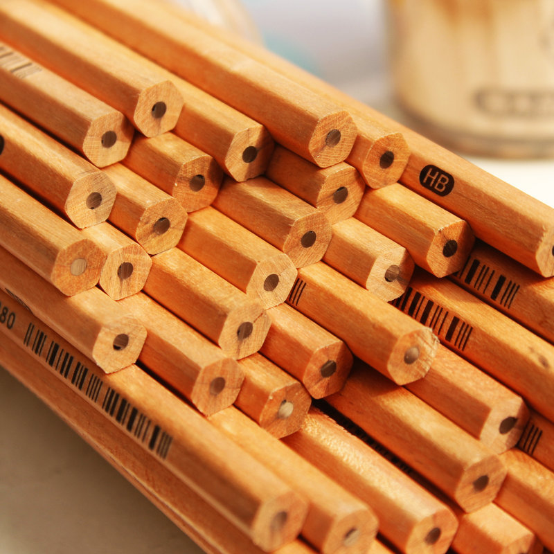 得力s907原木桶装六角形铅笔 2b握笔定位铅笔 50支/桶