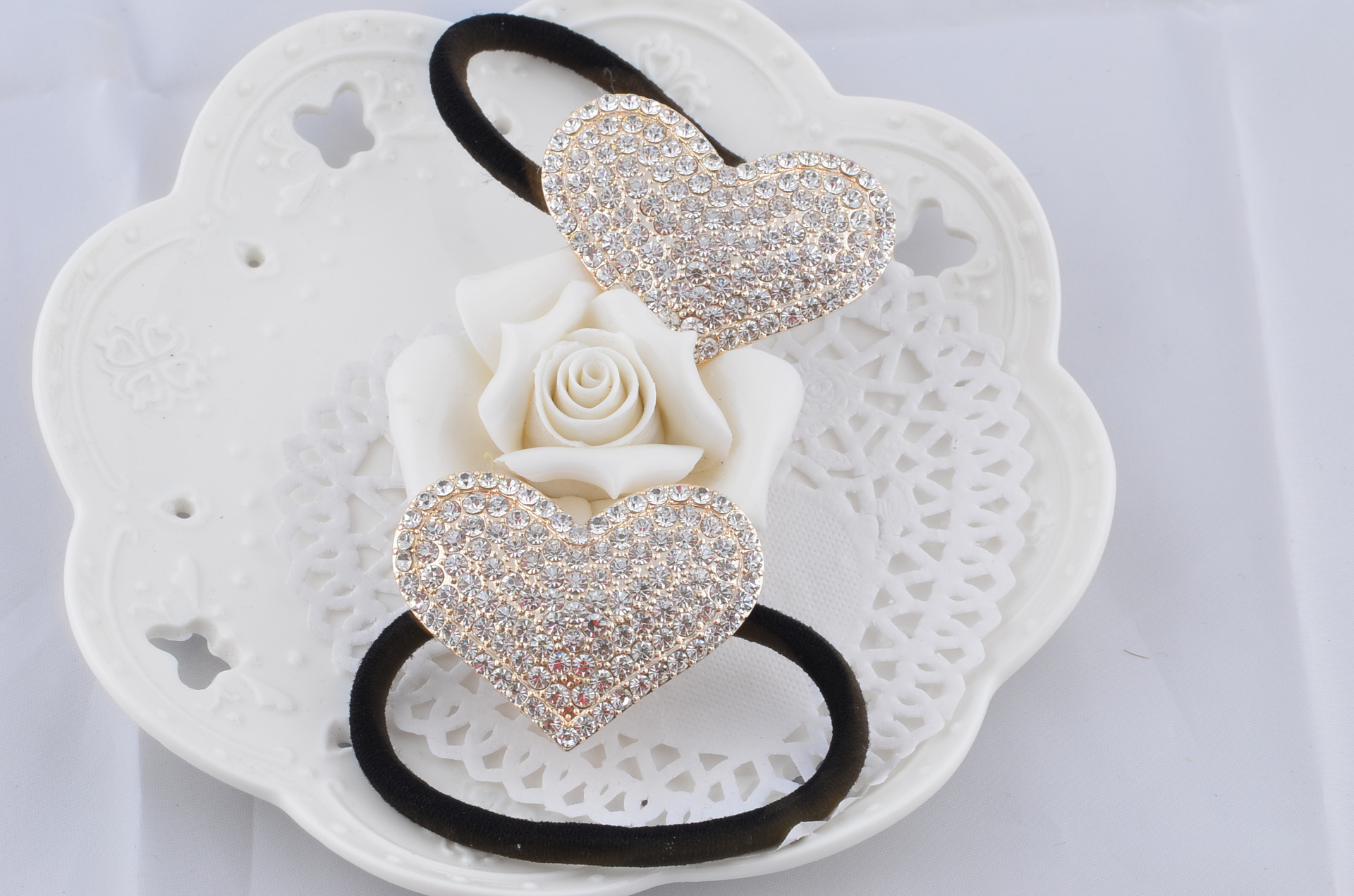 义乌小商品饰品 韩版发饰 满白钻爱心形发圈发绳 黑色皮筋批发