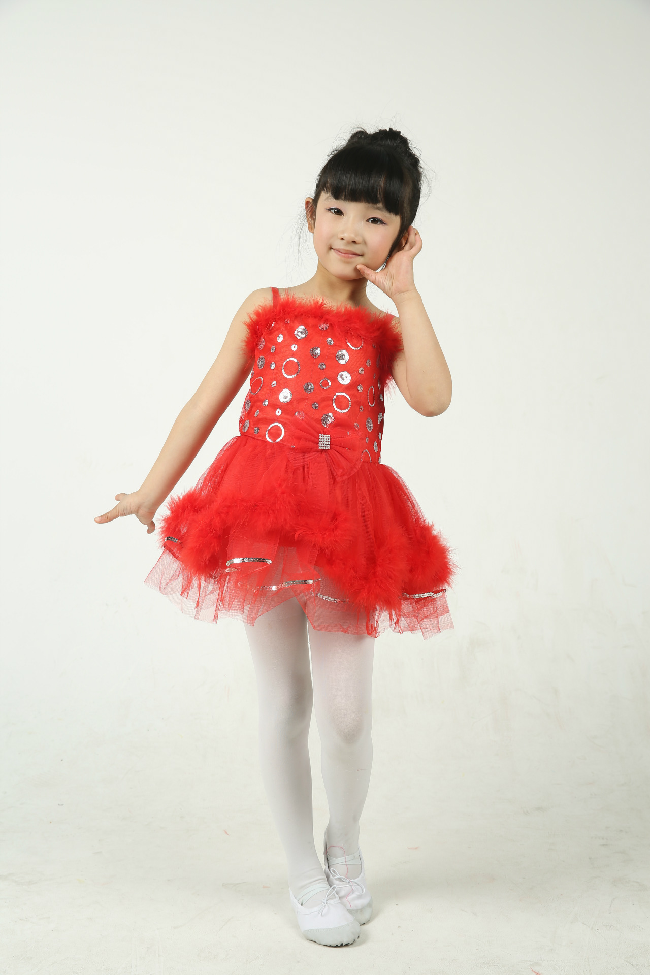儿童拉丁舞裙女 少儿拉丁舞演出服装女童鸡毛装饰表演服 ec-302图片