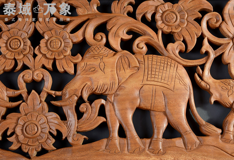 东南亚软装装饰柚木雕花大象木雕板 泰式家居木雕浮雕饰品挂件