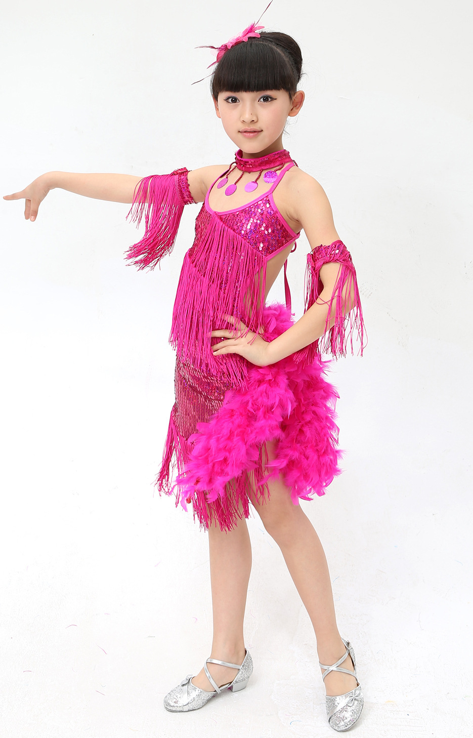 新款儿童拉丁舞裙 少儿拉丁舞蹈演出服装 流苏亮片羽毛表演服