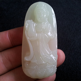 天然a货 新疆昆仑白玉 阿富汗羊脂白玉观音吊坠 大号立体观音玉坠