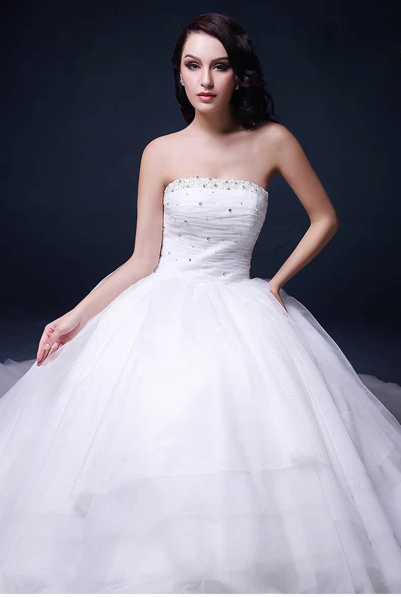 2014白色抹胸手工缝制款完美收腰长拖层次婚纱结婚婚纱