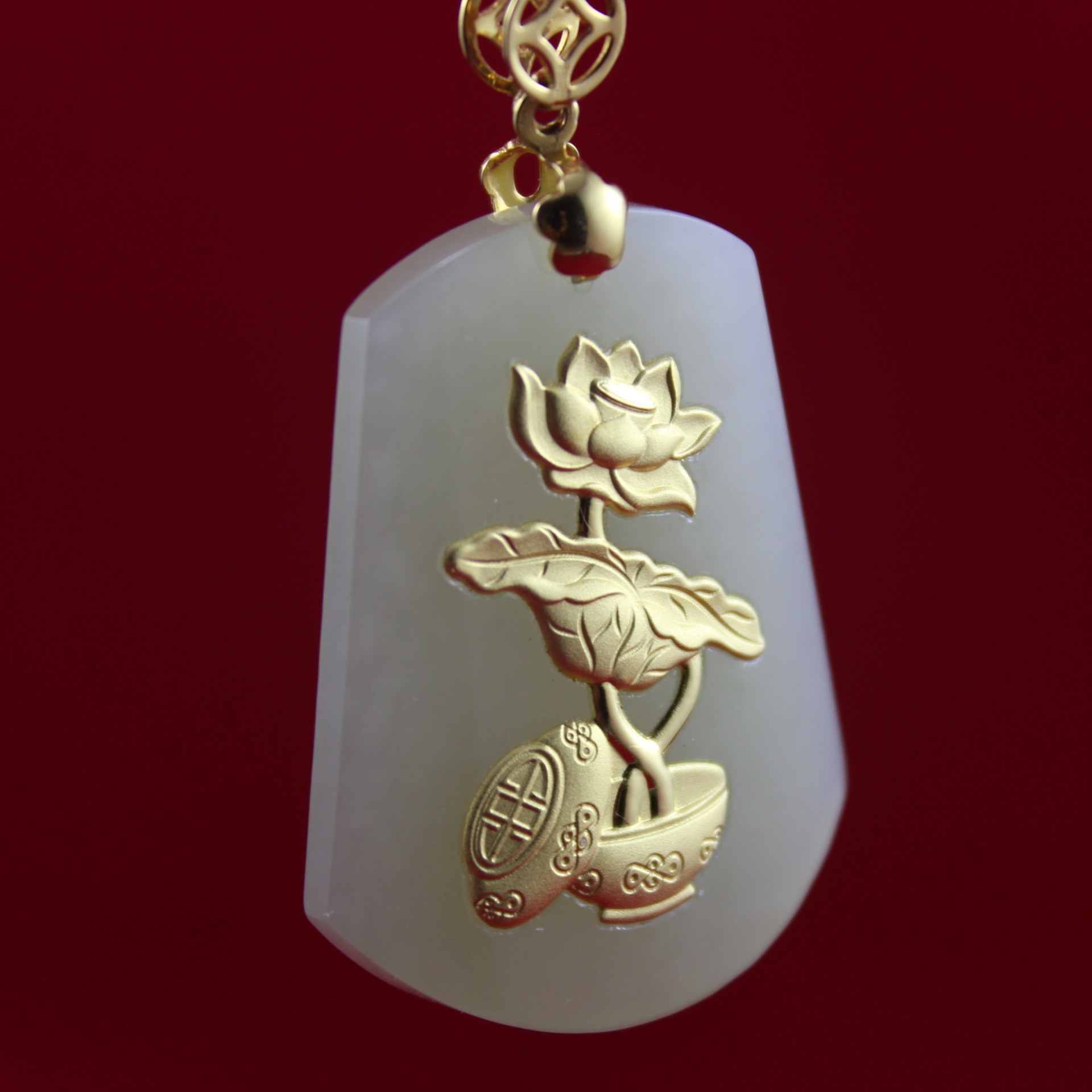 2014新款 厚金 和田玉 金镶玉 荷花吊坠 999千足金 出水芙蓉