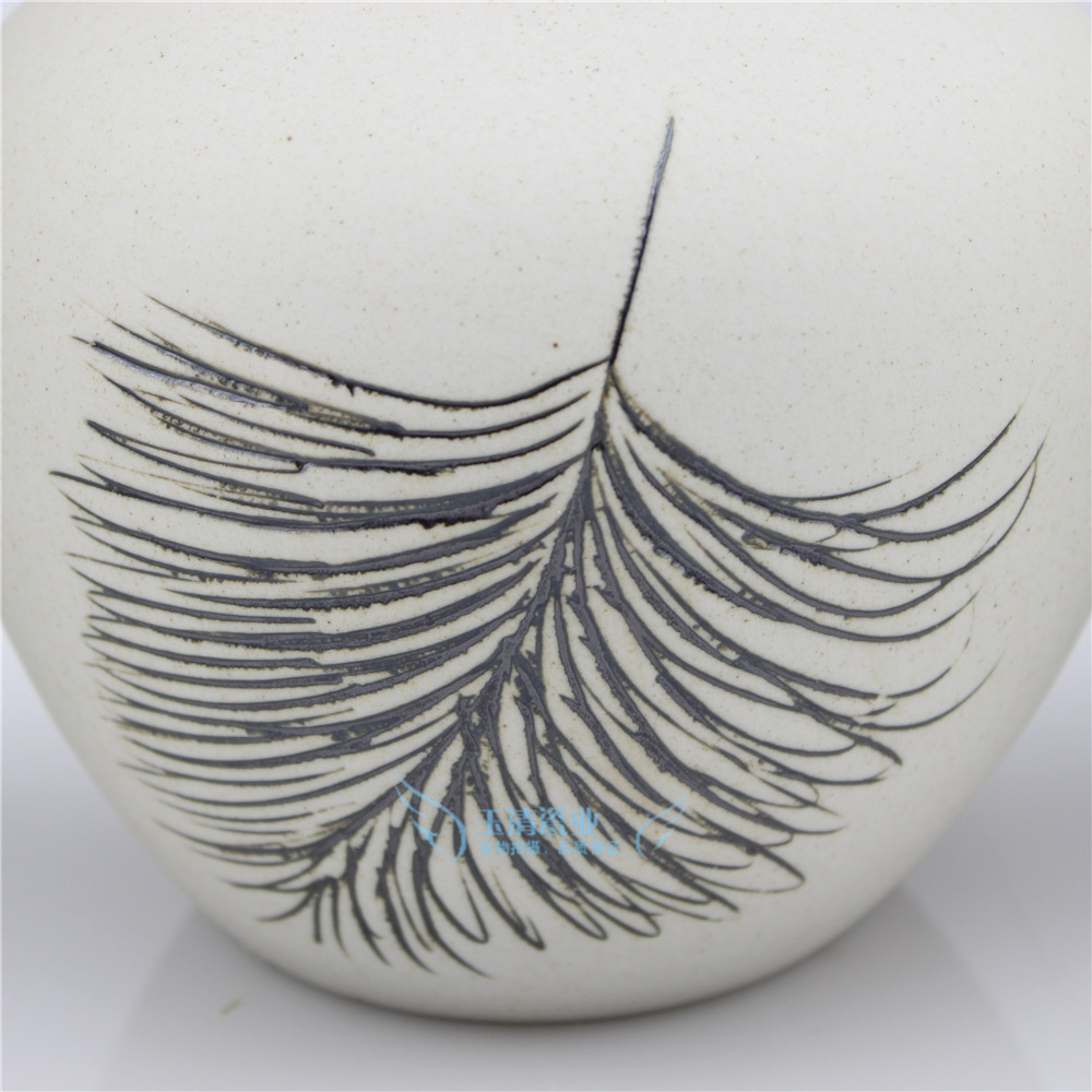 景德镇陶艺花瓶 高档磨砂羽毛陶艺三件套花瓶装饰摆设工艺品