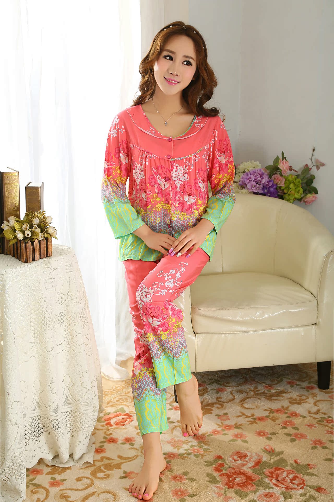 春秋季新品韩版女士绵绸睡衣套装长袖大码家居服全棉睡衣女