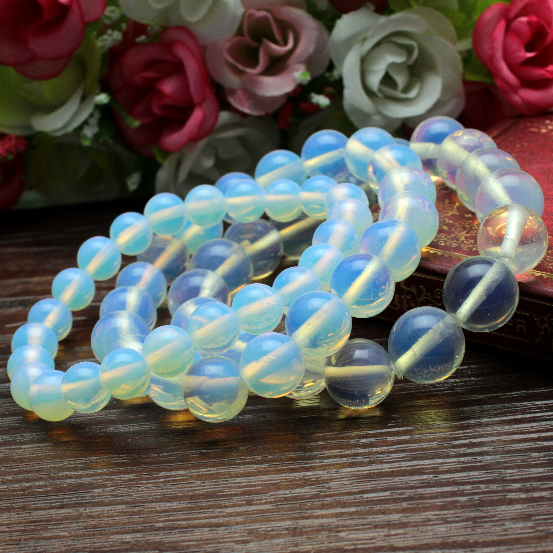 精仿合成蛋白石情侣式手链颗颗通 似银色月光石透色泽美厂家直供