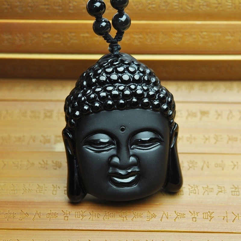 开光天然黑曜石 阿弥陀佛生肖狗 猪本命佛男士项链