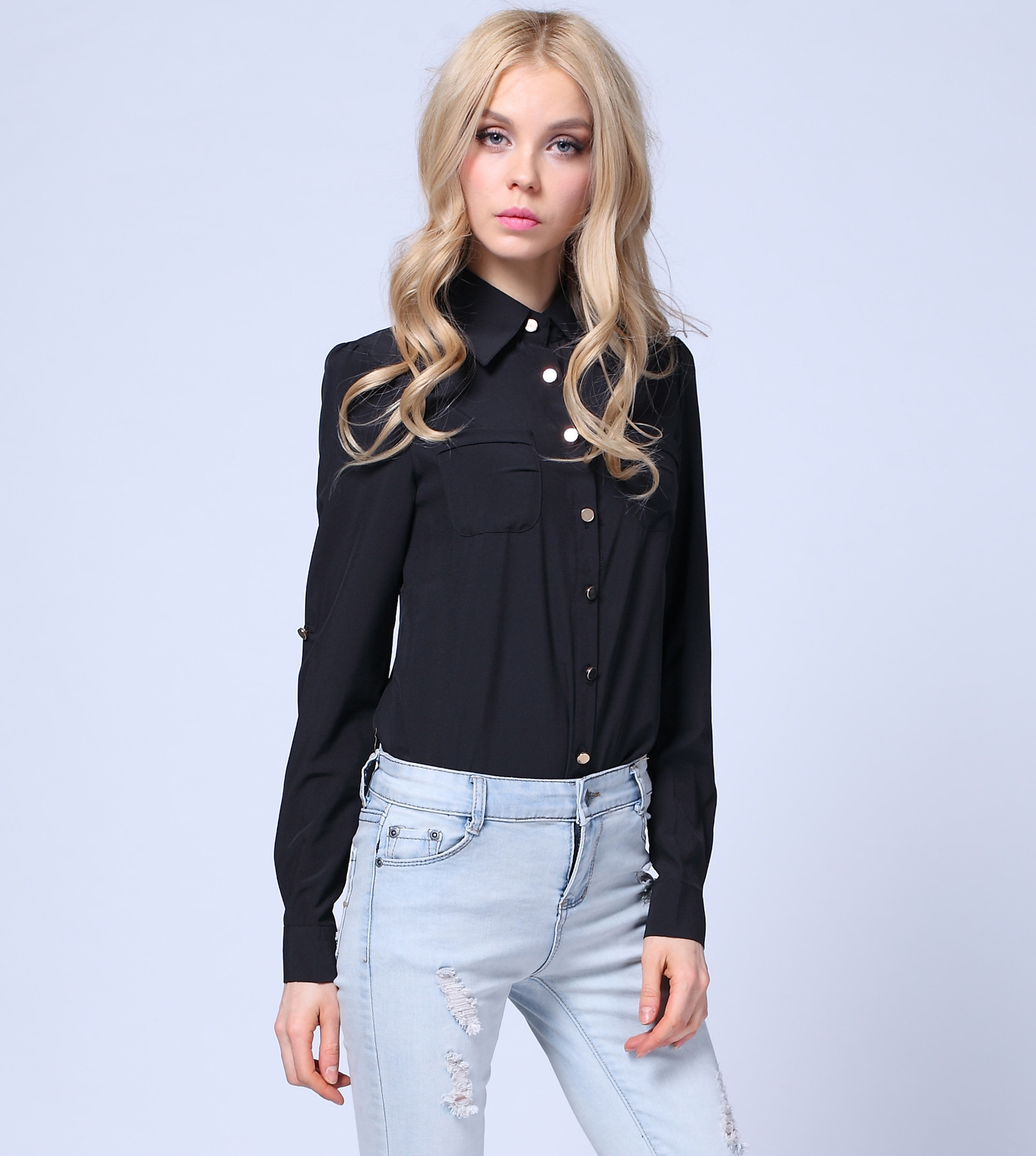 外贸原单秋装新款女装女式衬衫长袖雪纺衬衫欧美大码雪纺衫双口袋