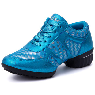 秋季广场舞鞋女式现代舞蹈鞋亮面蓝色女软底透气爵士跳舞鞋运动鞋