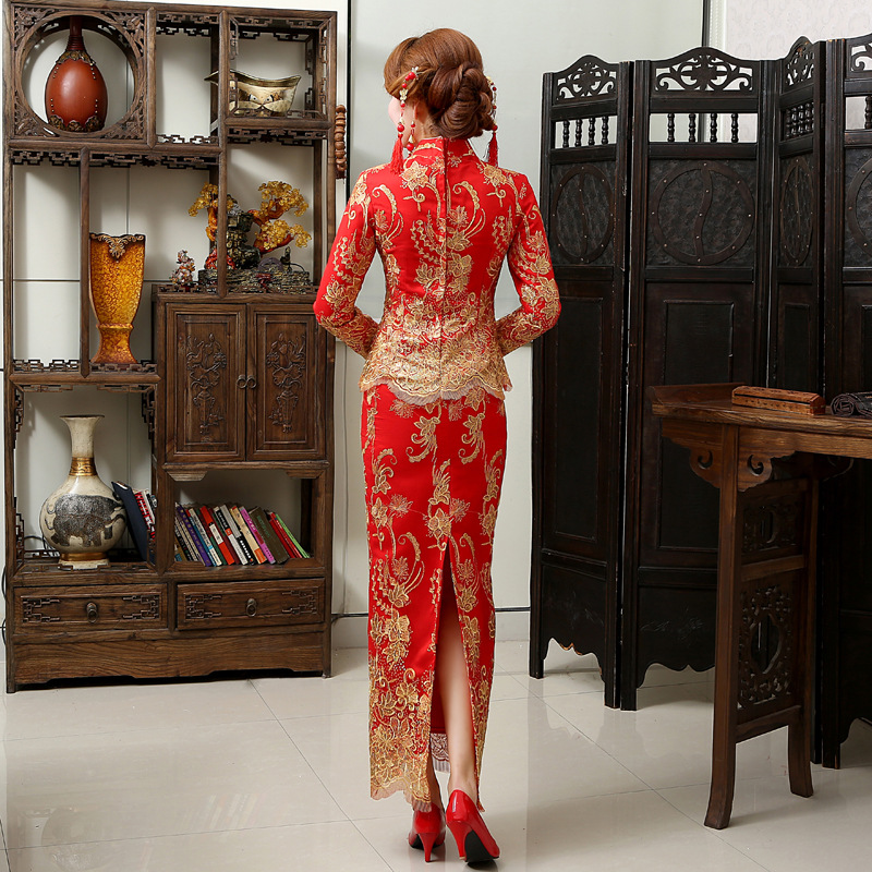 江苏苏州2014新款红色婚纱礼服新娘旗袍结婚敬酒服长款复古长袖亮片