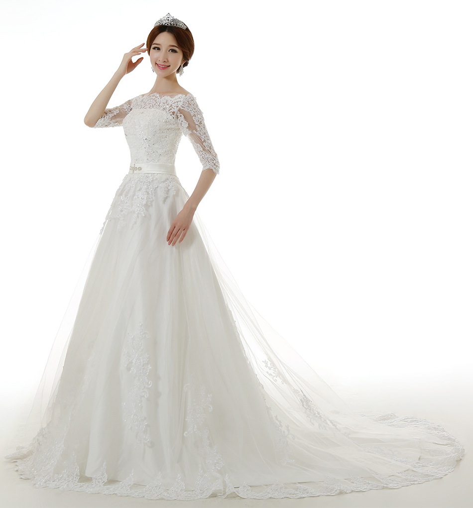 欧美范一字肩中袖蕾丝婚纱 经典大拖尾高腰婚纱礼服 婚纱定制