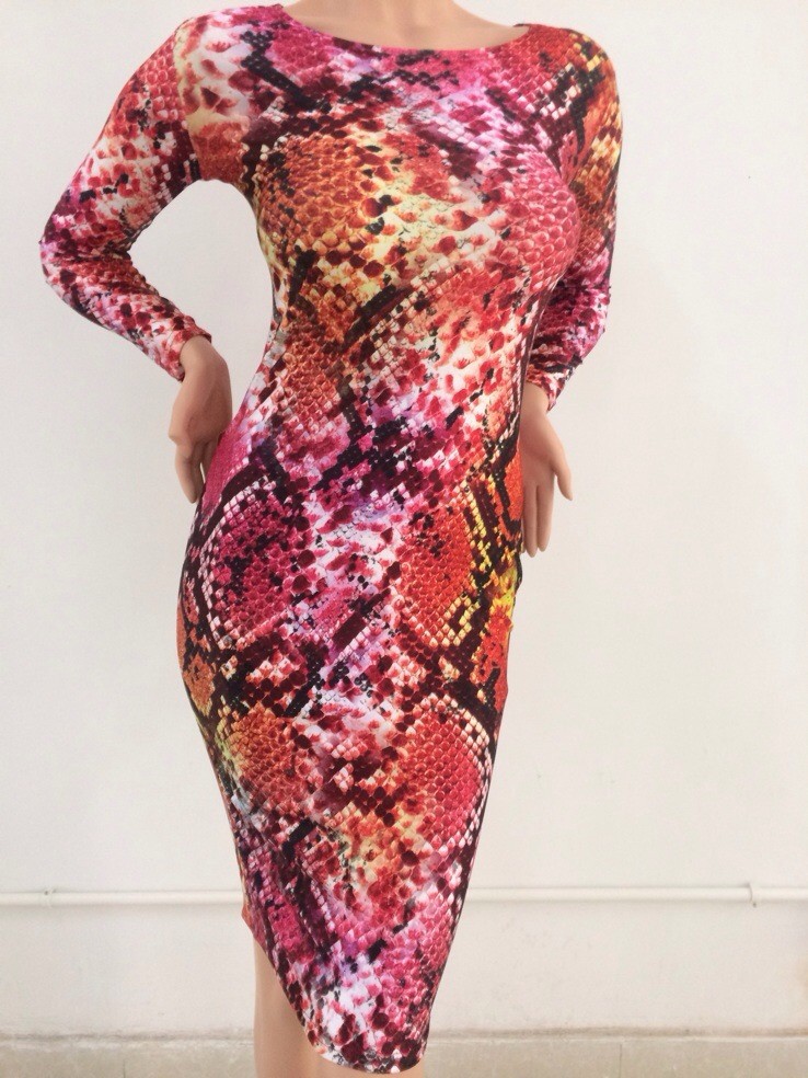 欧美爆款 金色蛇皮纹性感印花连衣裙 奢华夜店裙 紧身裙批发