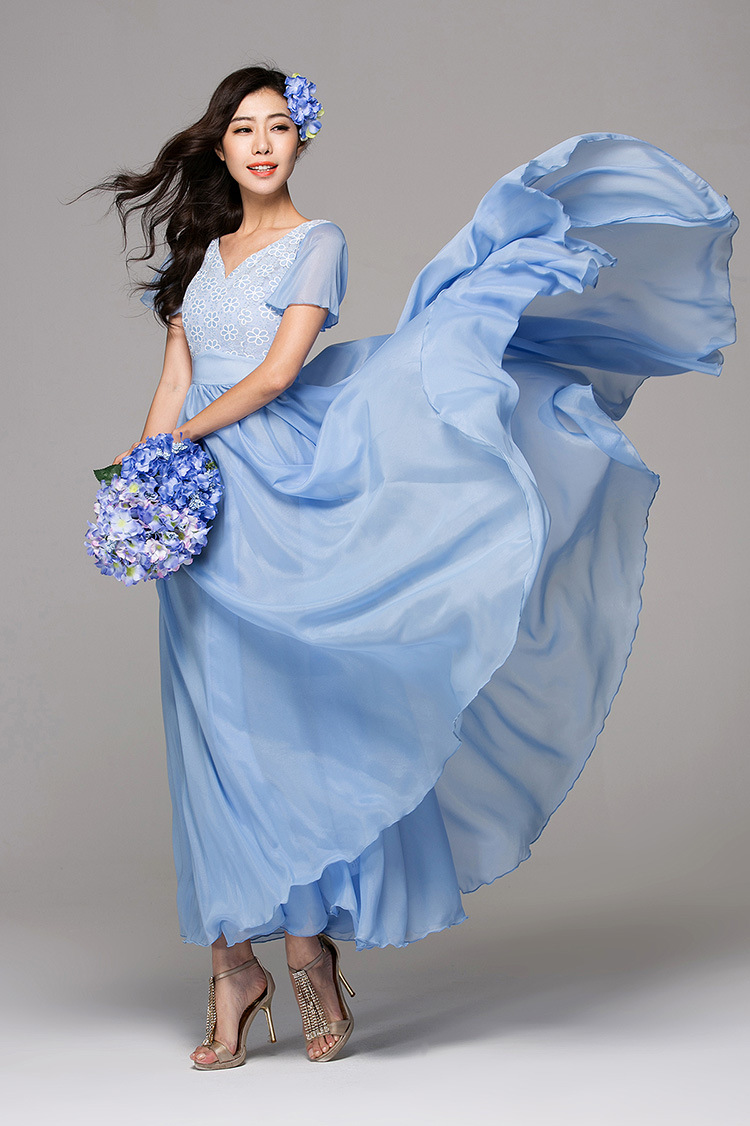 供应波西米亚风水蓝色荷叶袖迷人v领蕾丝勾花飘逸气质长裙b006