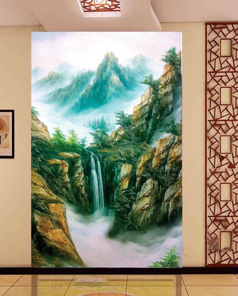壁画 山水瀑布风景油画客厅沙发电视墙 玄关背景墙纸壁纸】价格,厂家