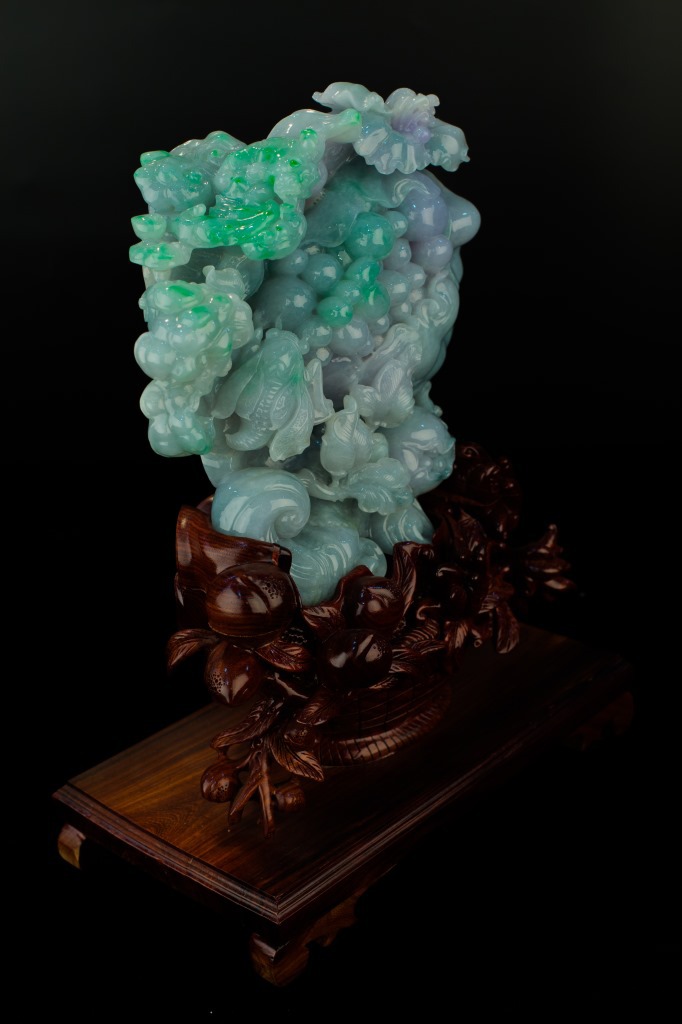 礼品 工艺品 玉器工艺品 缅甸玉天然翡翠a货 带阳绿色花鸟翡翠摆件 榴