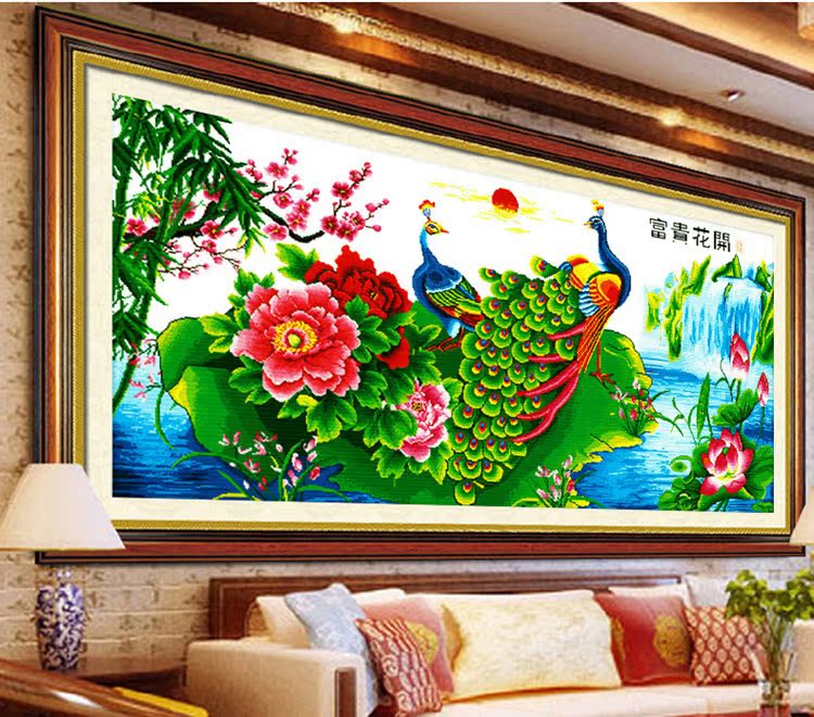 吉美品牌 富贵花开孔雀 钻石画十字绣成品批发刺绣工艺品厂家直销