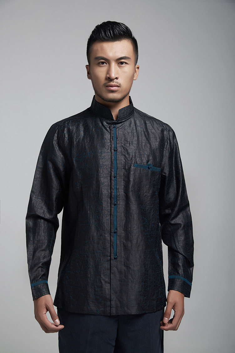 厂家直销 真丝 原创香云纱中青年男春秋高档唐装长袖衬衫 hl13522