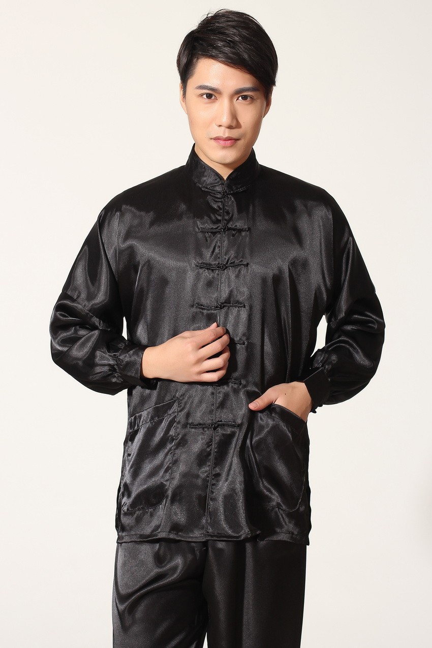 中老年人男装唐装男长袖套装仿真丝男士长袖唐装爸爸装爷爷装