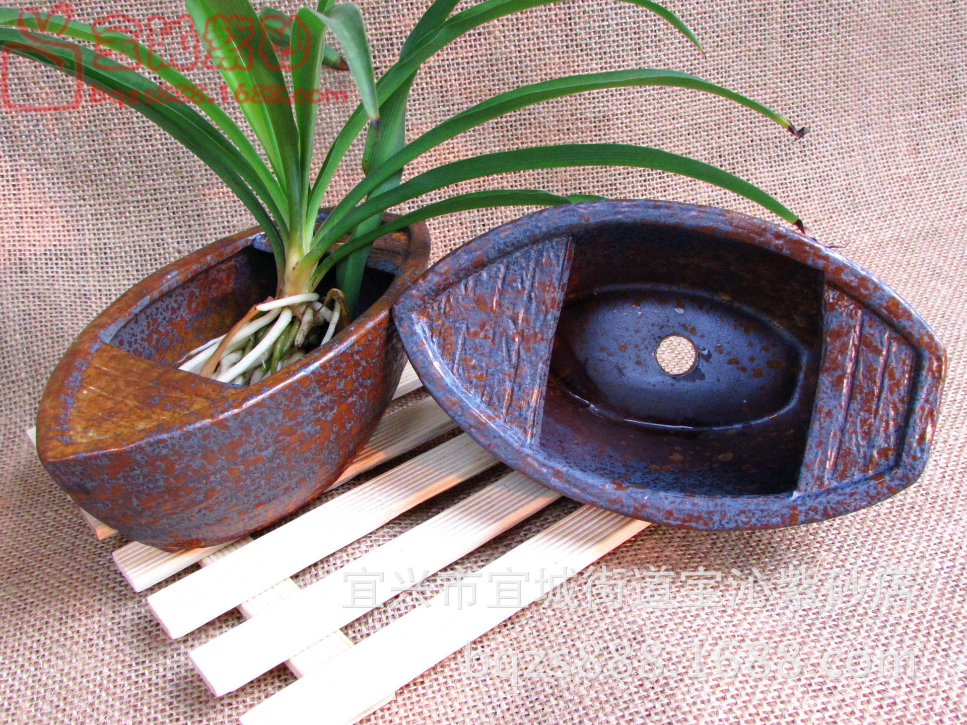 宜兴陶瓷花盆批发 时尚铁锈小船创意花器 紫砂流釉多肉花盆