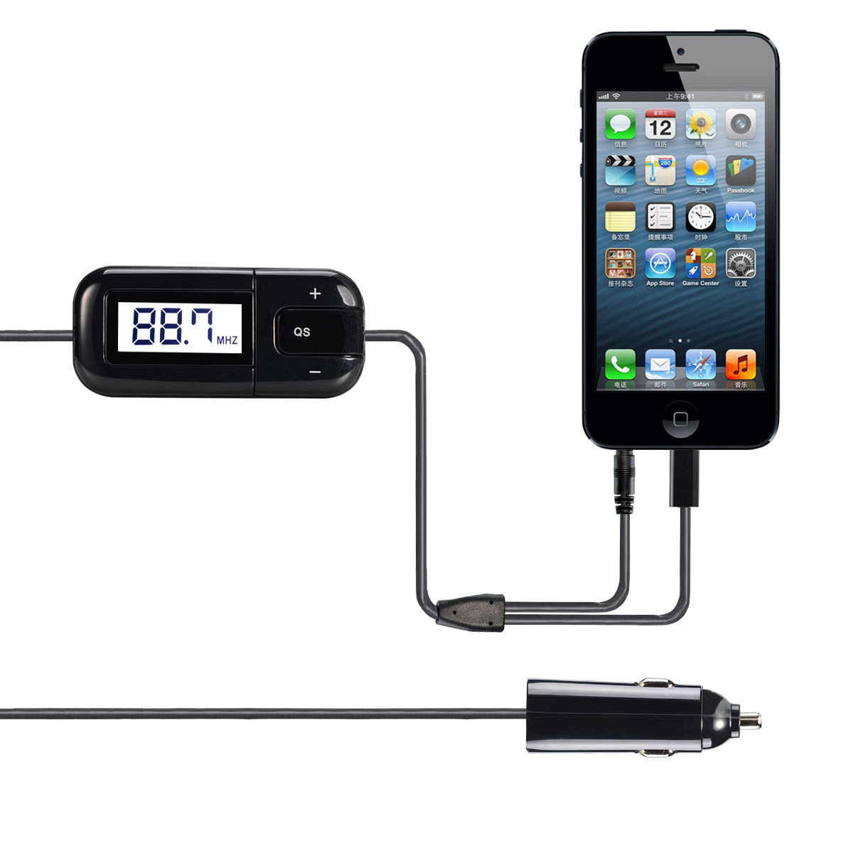 2015新款iphone带充电车载fm发射器 3.5通用发射器厂家亚马逊爆款