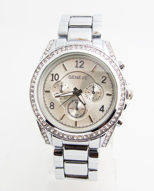 geneva 日内瓦时尚男士镶钻三眼钢带商务休闲石英手表