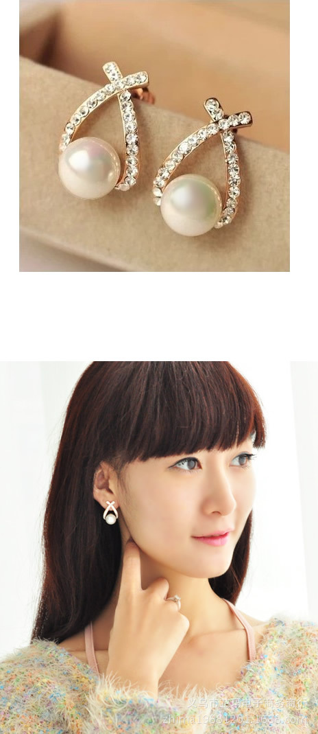 浙江金华2014新款韩国时尚耳环镶钻交叉珍珠耳钉耳环女韩国饰品女配饰