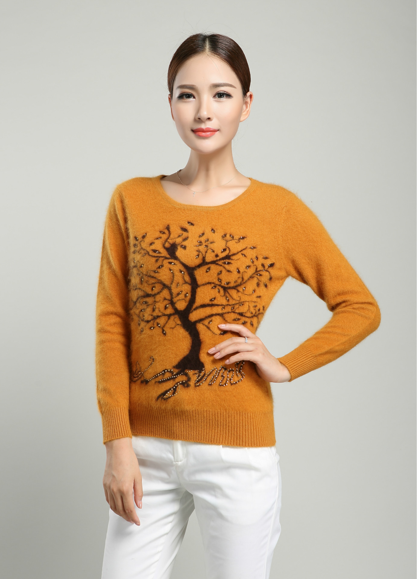 女式圆领招财树短款貂绒衫针织打底套头貂毛衫时尚貂绒正品毛衣