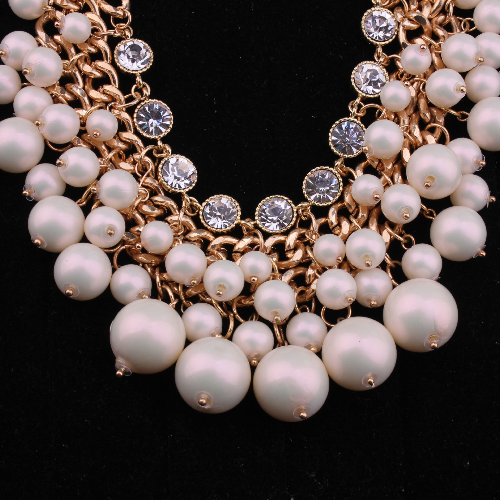 欧洲流行大珍珠玫瑰金镶钻项链 多层次锁骨链女 明星同款