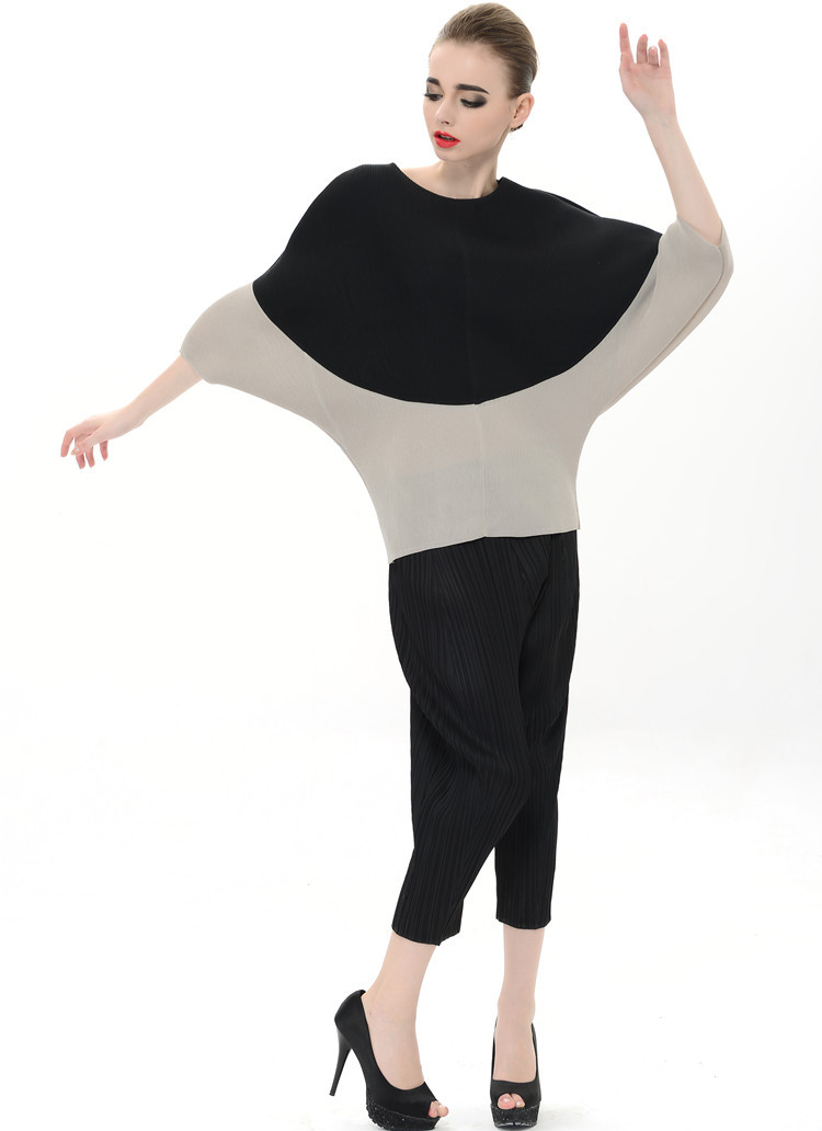 褶衣批发2014新款三宅夏装拼色蝙蝠袖修身皱褶上衣一生